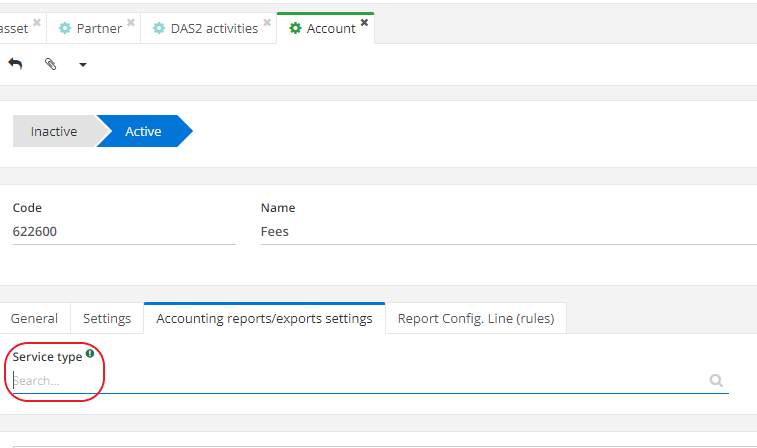 1.4. On the Financial Accounts record, click on the Accounting reports/exports settings tab to select the DAS2 service type.